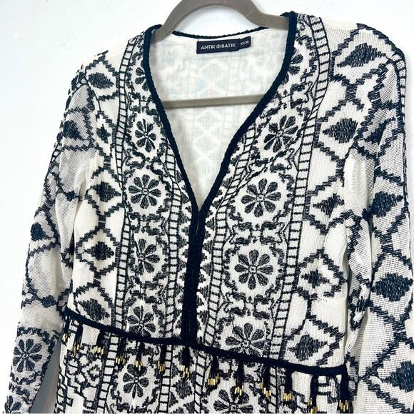 Antik Batik | Ida Mini Dress Cream Black Embroidered Tassels Boho Summer XS - Picture 9 of 15
